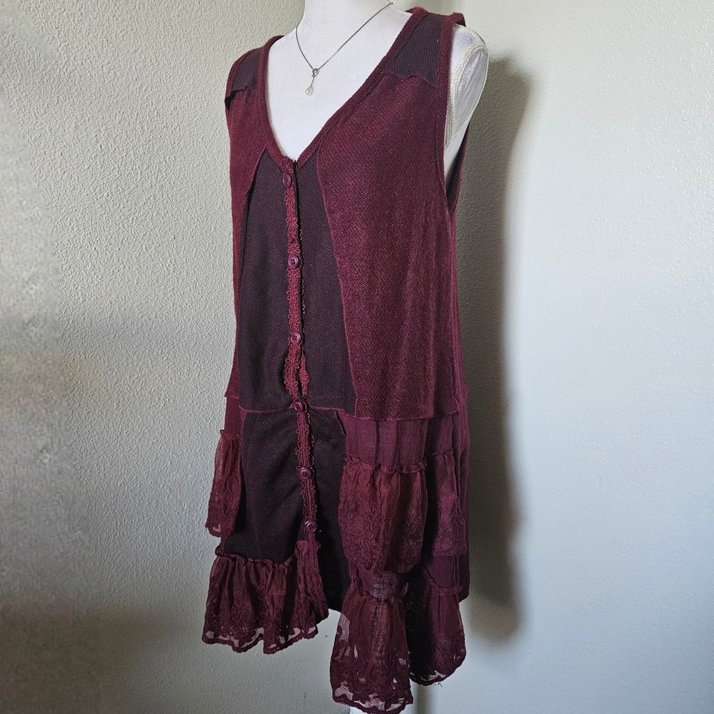 Pretty Angel Burgundy Mixed Media Lace Ruffle Tunic Dress Vest